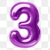 Number three png purple  3D balloon, transparent background