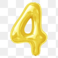 Number four  png yellow  3D balloon, transparent background