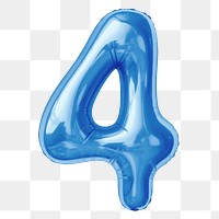 Number four png blue  3D balloon, transparent background