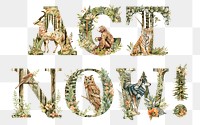 Act now! png botanical art alphabet, transparent background