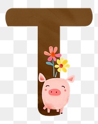 Letter T png cute animal character alphabet, transparent background