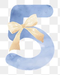 Number five png blue watercolor, transparent background