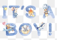 It's a boy! png word in blue watercolor alphabet, transparent background