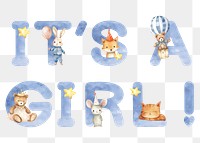It's a girl! png word in blue watercolor alphabet, transparent background