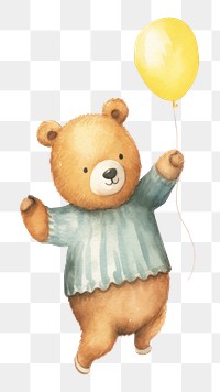 PNG bear with balloon, watercolor animal character, transparent background