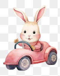 PNG rabbit driving car, watercolor animal character, transparent background