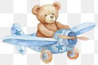 PNG flying bear on plane, watercolor animal character, transparent background