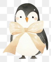 PNG penguin with brown bow, watercolor animal character, transparent background