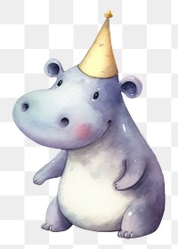 PNG hippopotamus wearing party hat, watercolor animal character, transparent background