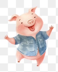 PNG happy pig, watercolor animal character, transparent background