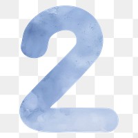 Number two png blue watercolor, transparent background