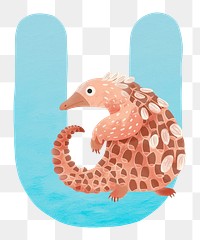 PNG blue letter U with animal character, transparent background