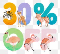 30% off png animal character word, transparent background