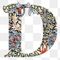 PNG Letter D botanical pattern font, inspired by William Morris, transparent background
