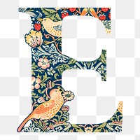 PNG Letter E botanical pattern font, inspired by William Morris, transparent background