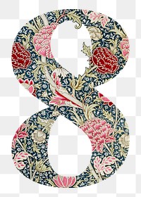 PNG Number 8 vintage font, botanical pattern inspired by William Morris, transparent background