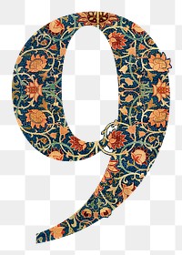 PNG Number 9 vintage font, botanical pattern inspired by William Morris, transparent background