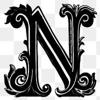 Letter N PNG in classic medieval art alphabet, transparent background