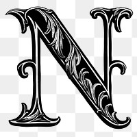 Letter N PNG in classic medieval art alphabet, transparent background