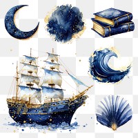 PNG navy blue watercolor glitter design element set, transparent background