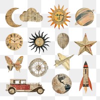 PNG vintage ephemera design element set, transparent background