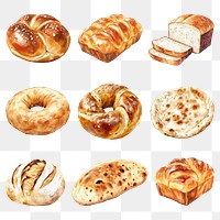 Bread png watercolor food element set, transparent background