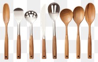 PNG Set of modern steel kitchen utensils on wooden table spoon white background silverware. 