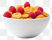 PNG An isolated corn flakes with raspberry in a clean white bowl raspberries fruit food.