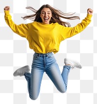 PNG A woman wearing yellow long sleeve shirt and jean jumping happily background isolated person.