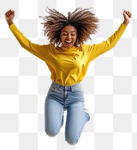 PNG An african american woman wearing yellow long sleeve shirt and jean jumping happily background person happy.