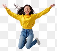 PNG An asian woman wearing yellow long sleeve shirt and jean jumping happily background person happy.