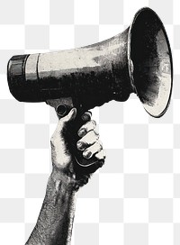 PNG An isolated black and white hand carry megaphone illustration retro style.