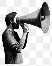 PNG An isolated black and white real man carry a megaphone illustration retro style.