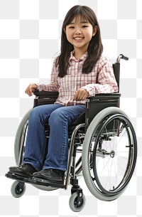 PNG A smiling young asian girl with ALS in a power wheelchair child representation disability.