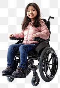 PNG A smiling young asian girl with ALS in a power wheelchair child transportation furniture.