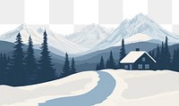 PNG A snowy cabin mountain landscape mountains trees illustration.