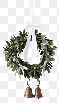 PNG Wreath made of olive leaves bells hanging ribbon.