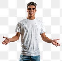 PNG Smiling young latin man t-shirt white open.