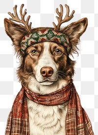 PNG A dog wearing reindeer head band illustration christmas scarf.