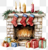 PNG Watercolor christmas fireplace stockings candles gifts.