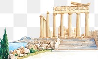 PNG Acropolis of Lindos Rhodes island Greece architecture illustration watercolor.