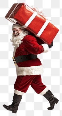 PNG Santa claus carrying a huge gift box christmas white red.