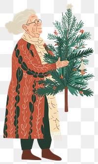 PNG Senior woman holding christmas tree illustration accessories celebration.