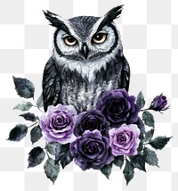 PNG Owl roses art illustration.