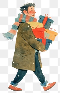 PNG A man carrying Christmas gifts coat illustration clothing.