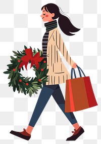 PNG A walking woman carrying shopping bags and holding a wreath illustration christmas fashion.