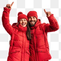 PNG Happy couple in red winter clothes happy clothing jackets.