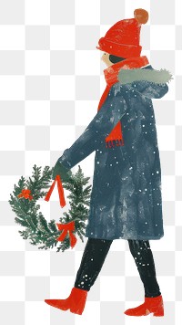 PNG Character holding christmas wreath winter coat illustration.