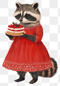 PNG Raccoon holding christmas cake animal dress red.