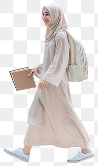 PNG Muslim student walking with books fashion muslim woman.